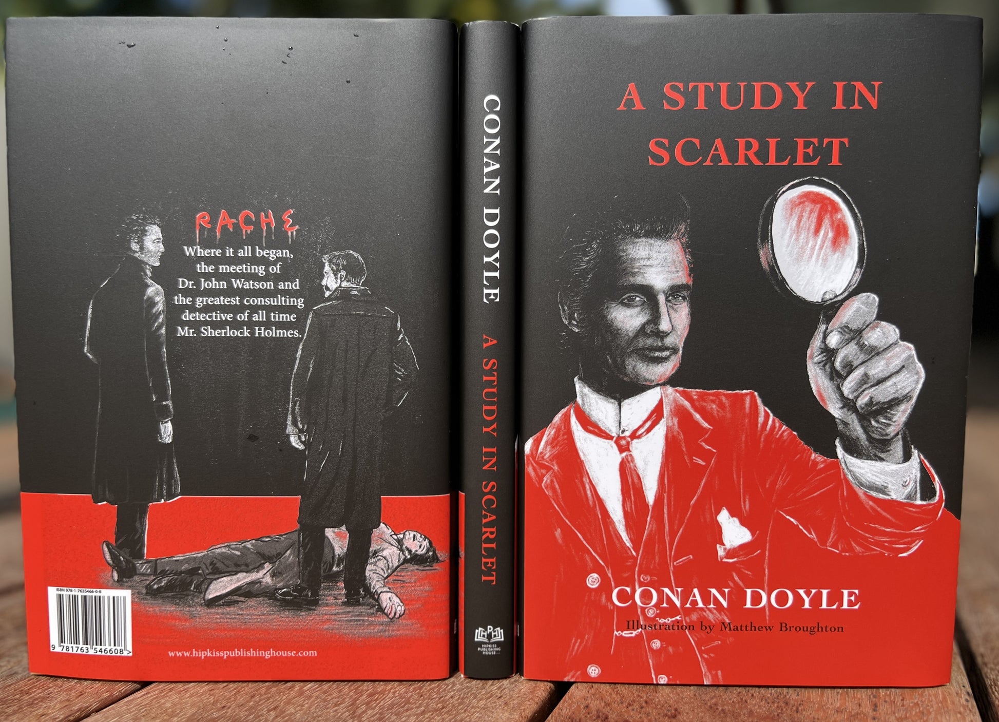 All 3 side of the dust jacket of A Study in Scarlet.