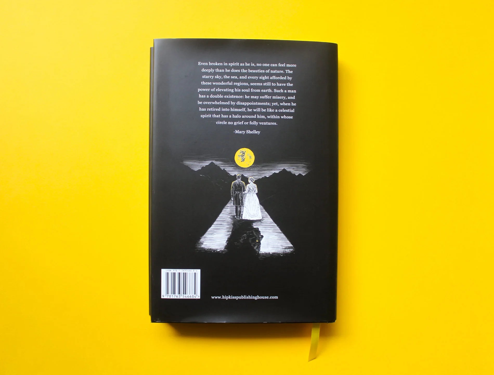 Frankenstein by Mary Shelley, illustrated by Matthew Broughton. Back of the dust jacket with Dr Frankenstein and his bride, the face of the monster haunts in the moon and shadow.