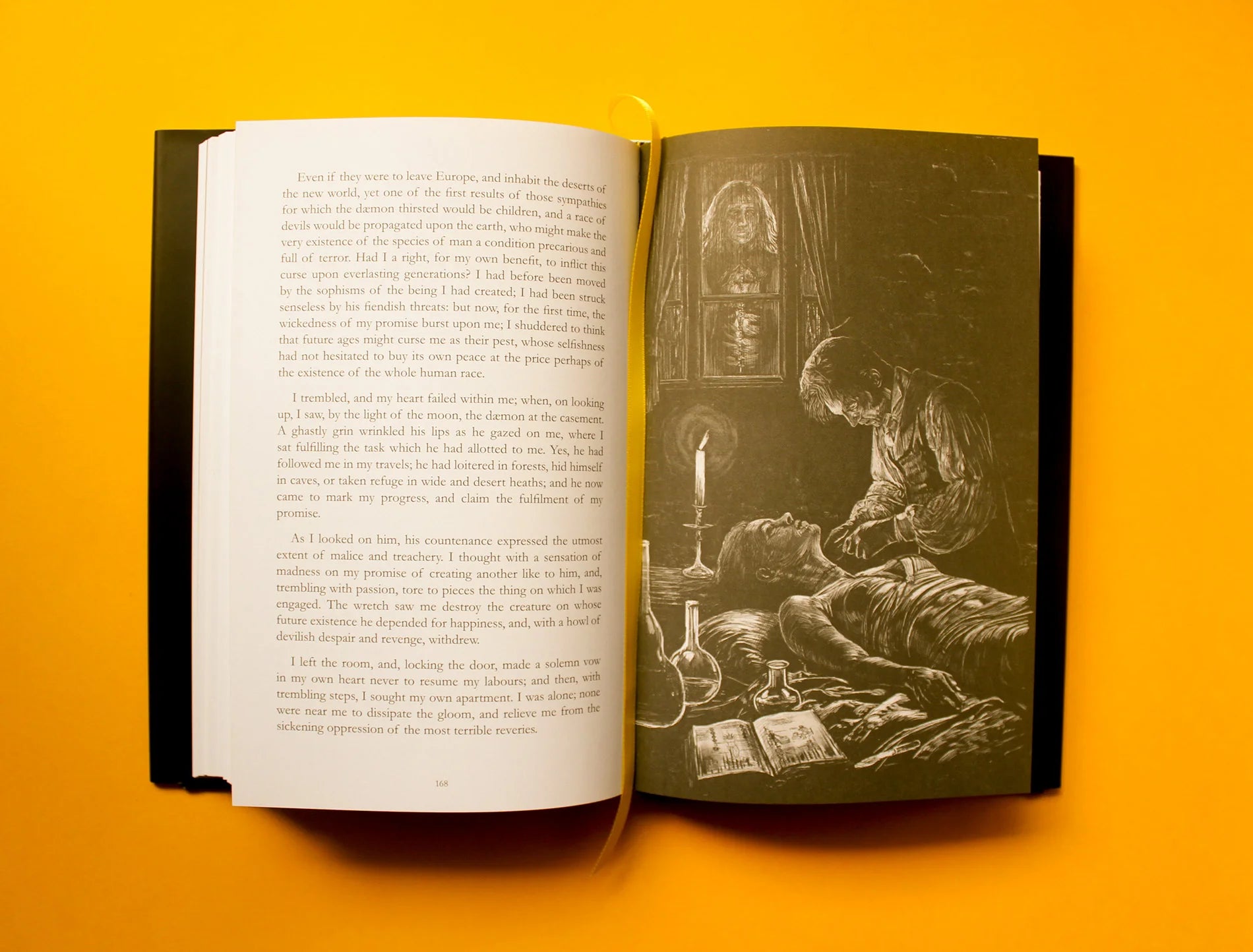 Frankenstein by Mary Shelley, illustrated by Matthew Broughton internal illustration of Dr Frankenstein working on the bride for the monster as he watches through the window.