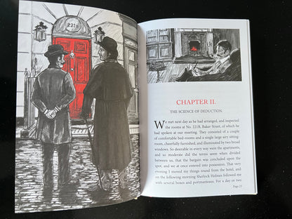 classic book A Study in Scarlet. Full page art of Sherlock Holmes and Dr Watson at 221B baker street.