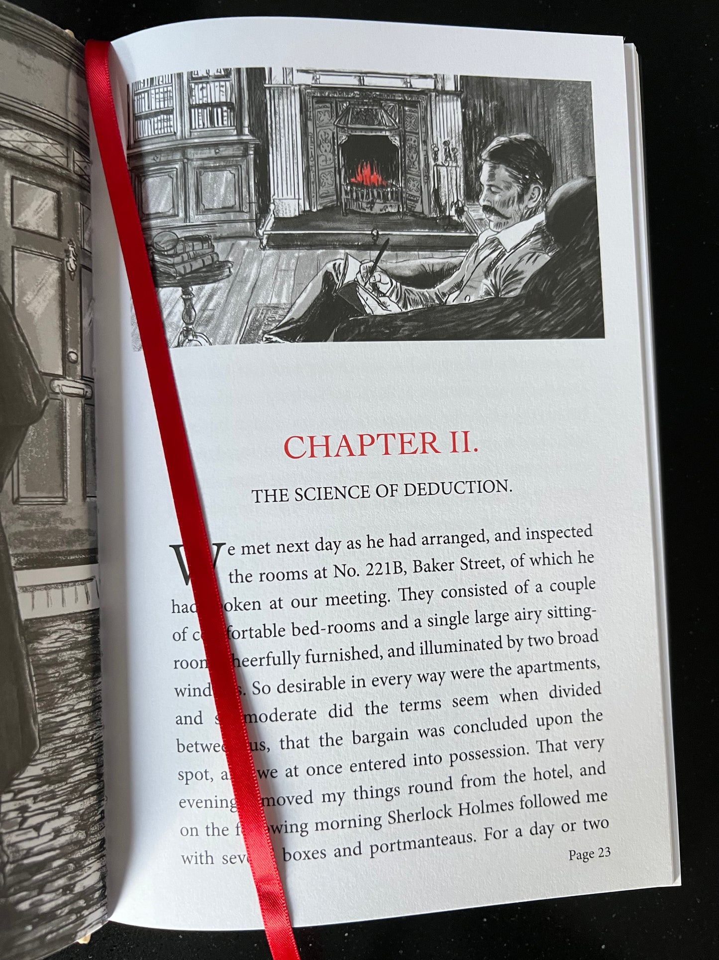 A Study in Scarlet Chapter header and red ribbon bookmark