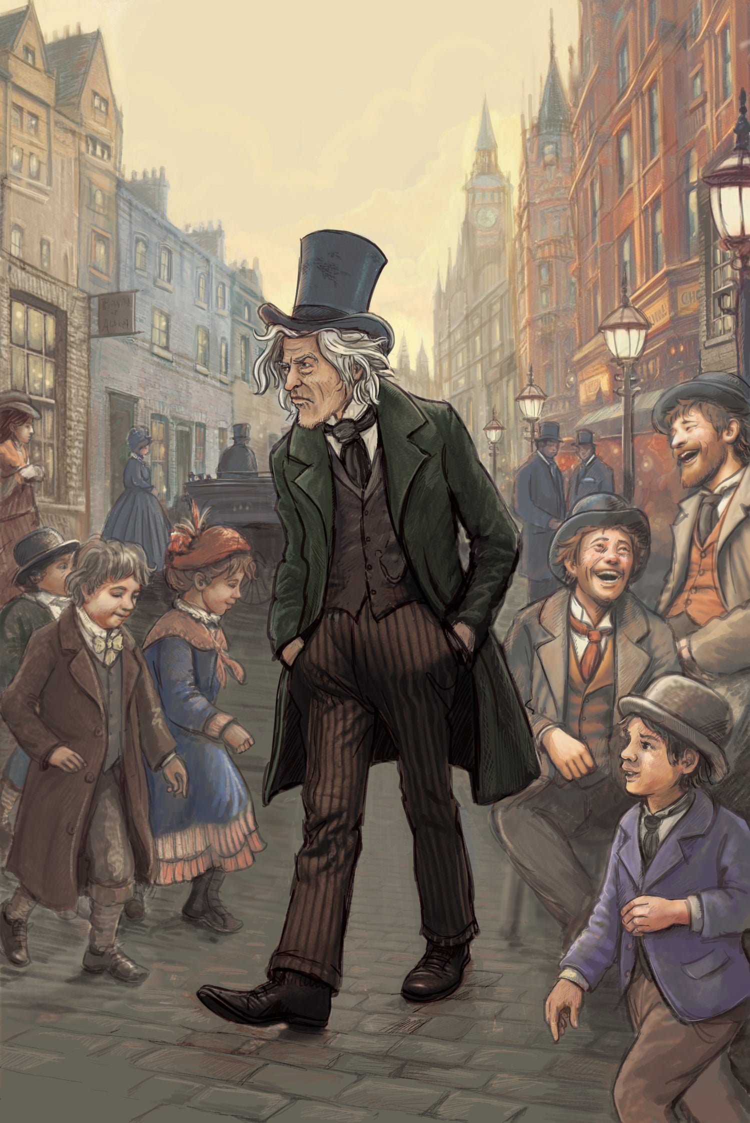 Classic book A Christmas Carol, illustration, Scrooge walking the streets