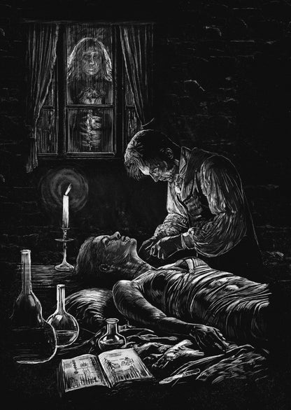 Frankenstein by Mary Shelley, presented by Hipkiss Publishing in a hardcover illustrated special edition. full page illustration Dr Frankenstein creating the bride by Matthew Broughton.